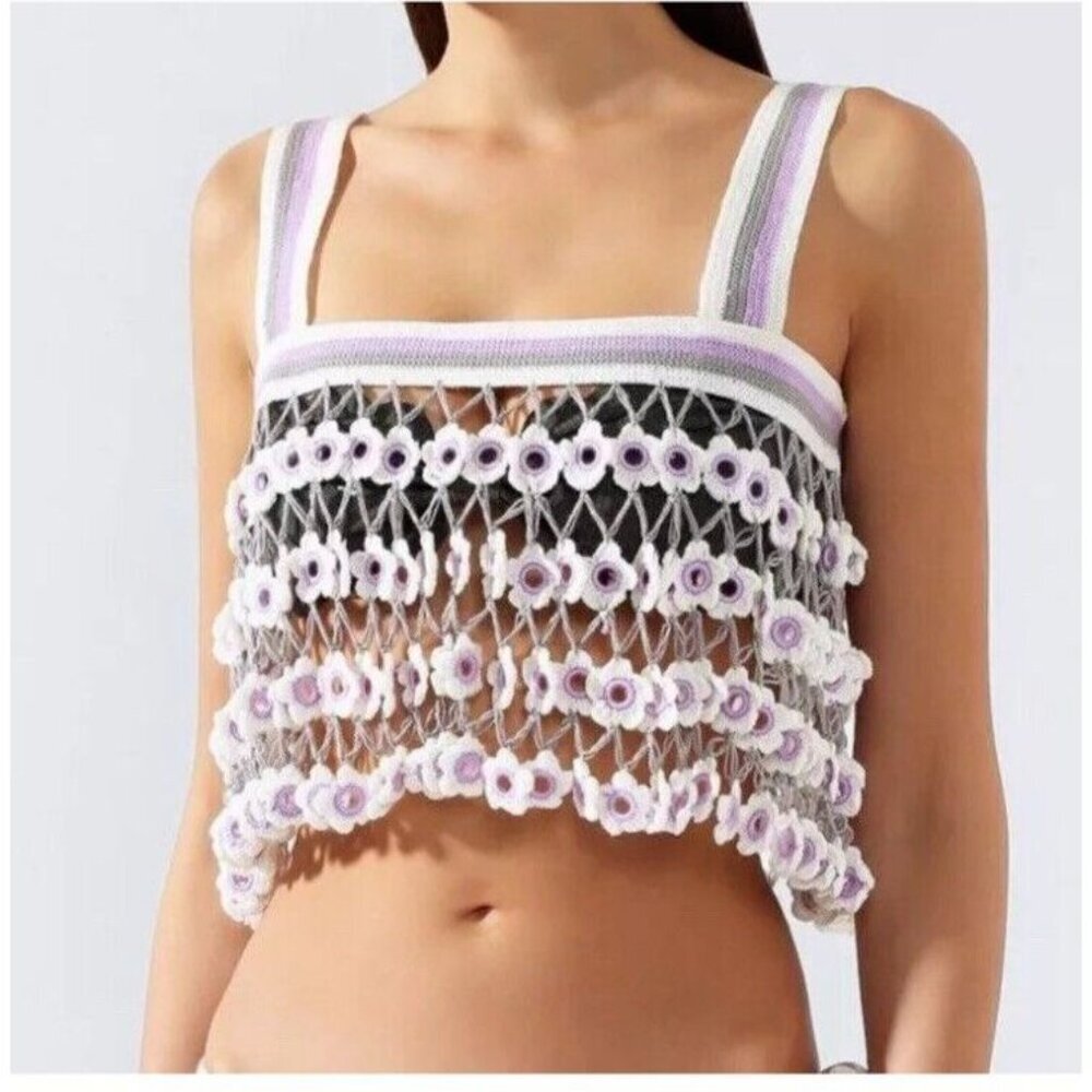 Crochet Floral Swim Coverup Top in White & Lavender